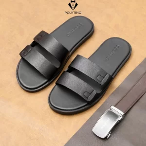 Dép Da Nam Cao Cấp 0183 POLYTINO Dép Quai Ngang Da Bò